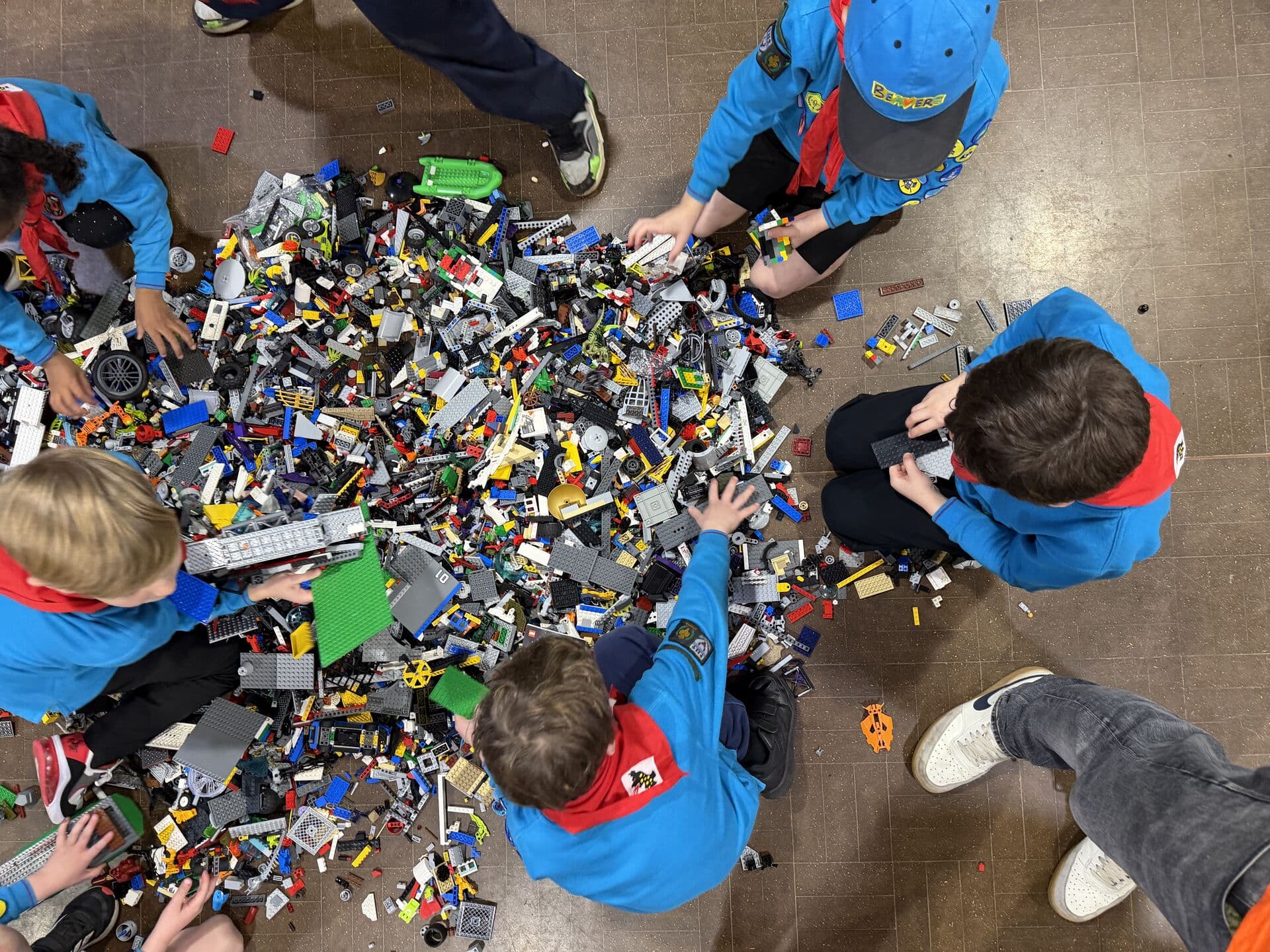 Beavers sorting through a giant pile of Lego bricks together
