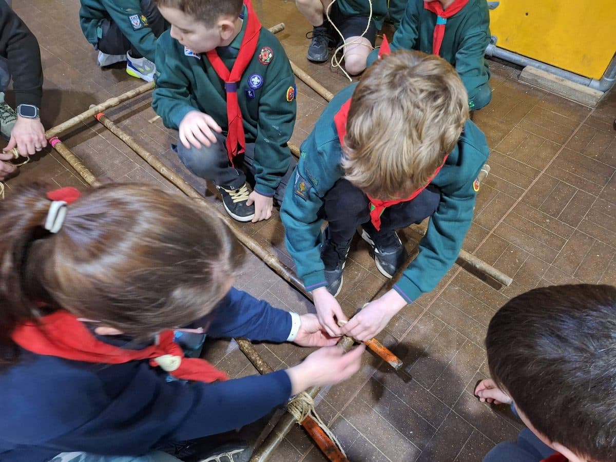 Cubs and leaders building a large pioneering structure together