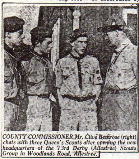 County Commissioner Mr. Clive Bemrose chats with three Queen's Scouts after opening the new headquarters of the 73rd Derby (Allestree) Scouts Group in Woodlands Road, Allestree